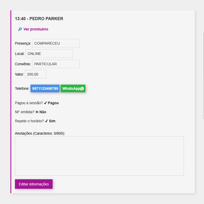 Interface de registro e acompanhamento de sessões com pacientes