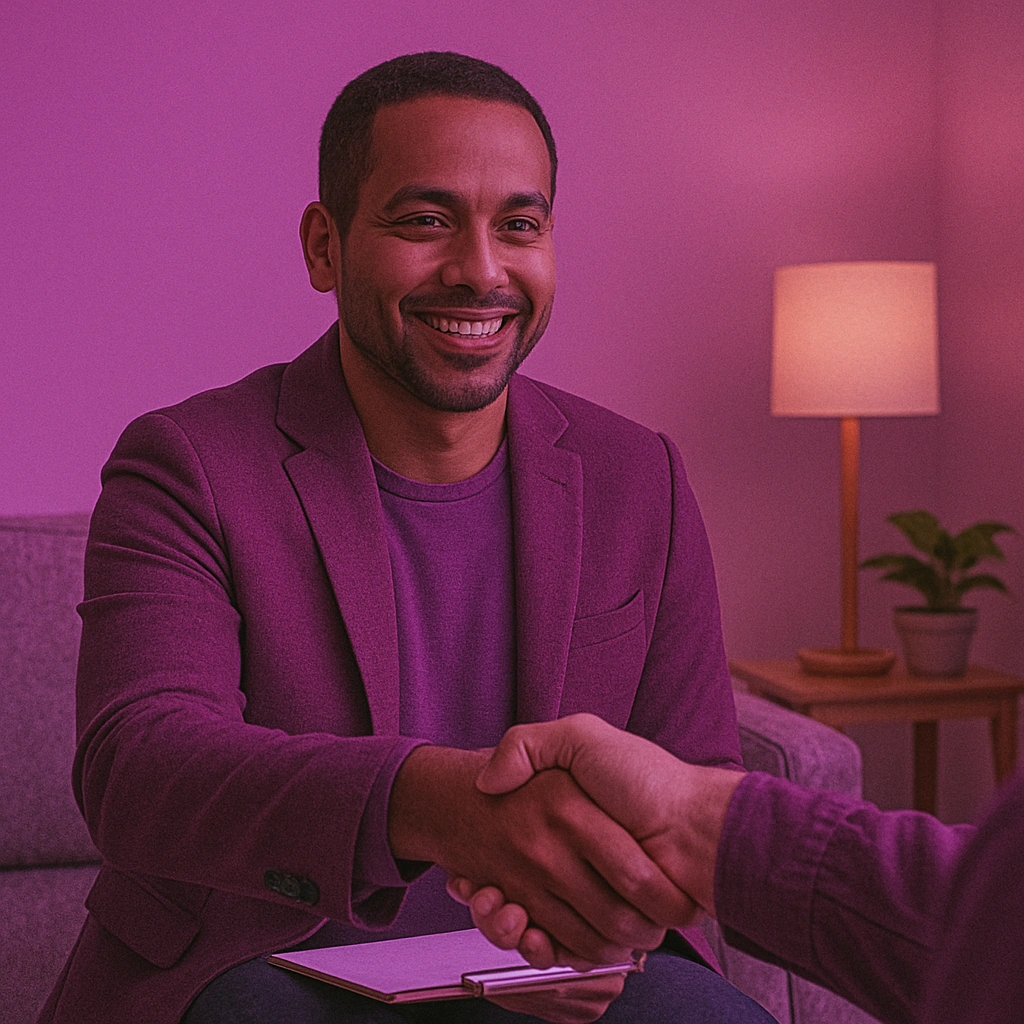 Foto de um psicólogo apertando a mão do seu cliente.
