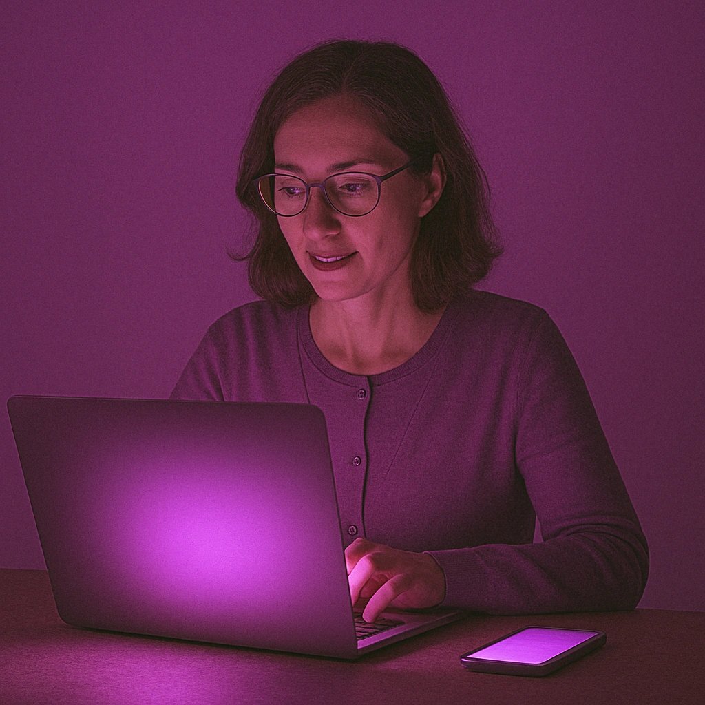 Foto de uma mulher utilizando um laptop com um celular ao lado.