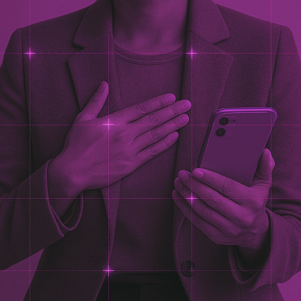 Foto de uma mulher utilizando um laptop com um celular ao lado.